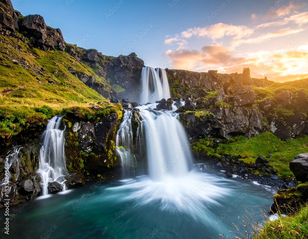 Obraz premium Serene waterfall cascading through mossy cliffs with a vibrant sky backdrop, captured with a long exposure effect