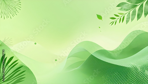A green background with a leafy green wave and a leafy green leaf