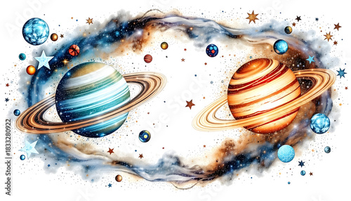 Two planets with rings around them are shown in a space scene