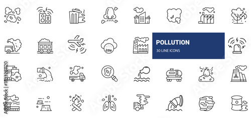 Pollution Line Icons Set – Air Pollution, Water Contamination, Industrial Waste, CO2 Emissions, Trash, Smoke, Oil Spill, Radioactive Hazard, Environmental Damage, Eco Crisis, Toxic Symbols.