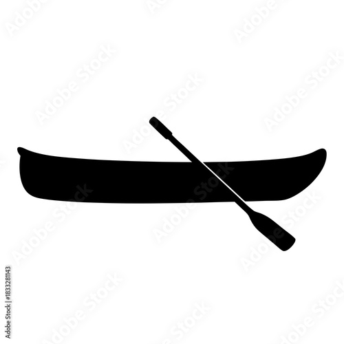 Silhouette image showing a black canoe with a paddle across it.