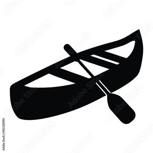 Black Silhouette of a Canoe Boat with Paddle on White Background