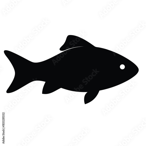 Black silhouette of a fish with a fin and a tail swimming