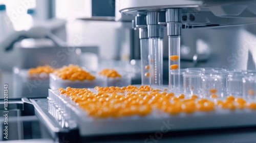 Automated pharmaceutical production with yellow capsules on modern processing line