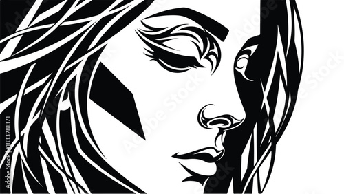 Stylized Black and White Portrait of a Womans Face.