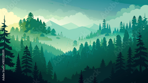Misty Evergreen Forest Landscape with Fog and Morning Light