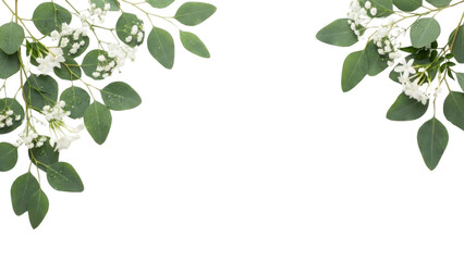 Delicate white blossoms and vibrant eucalyptus foliage create a stunning botanical frame perfect for wedding invitations and elegant design projects