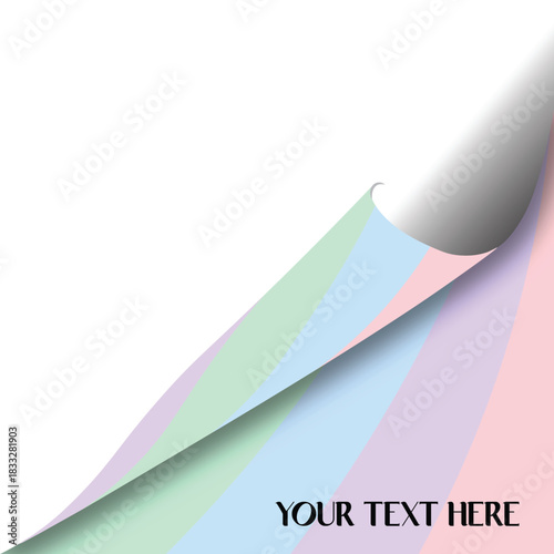 Colorful page corner curl effect with pastel stripes in mint green, light blue, and pink, featuring a placeholder for your text in the lower right corner