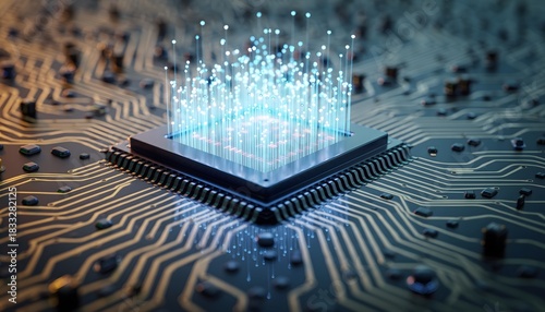 Microprocessor lighting up intricate circuit patterns high resolution photo