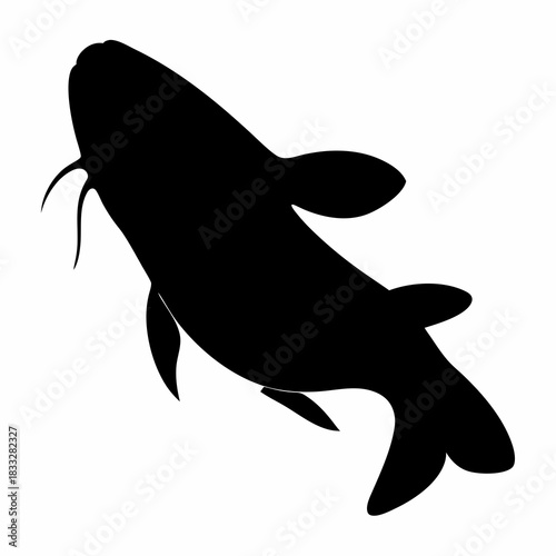 A minimalistic black silhouette of a catfish swimming in clear water