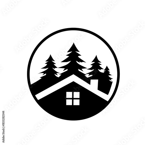 A striking circular logo featuring a stylized cabin or house roof nestled among a forest of pine trees, symbolizing nature, shelter, and mountain living.