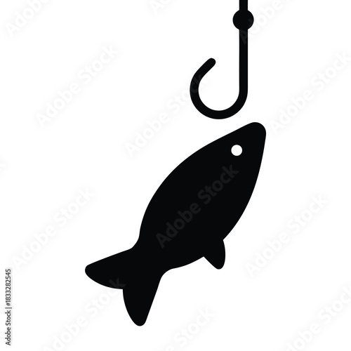 Simple Black Silhouette Drawing of a Fish Caught on a Hook