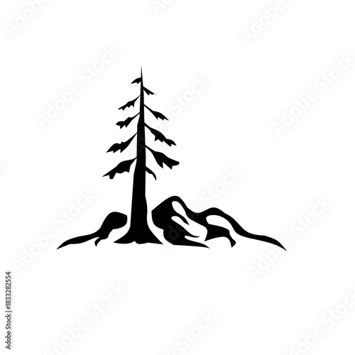 A striking black silhouette illustration of a tall, spiky conifer or pine tree standing firmly between two prominent, organic-shaped rocks or earth formations.