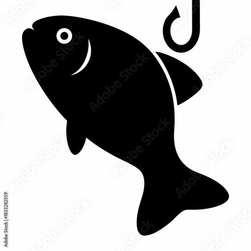 A bold depiction of a fish caught on a fishing hook icon
