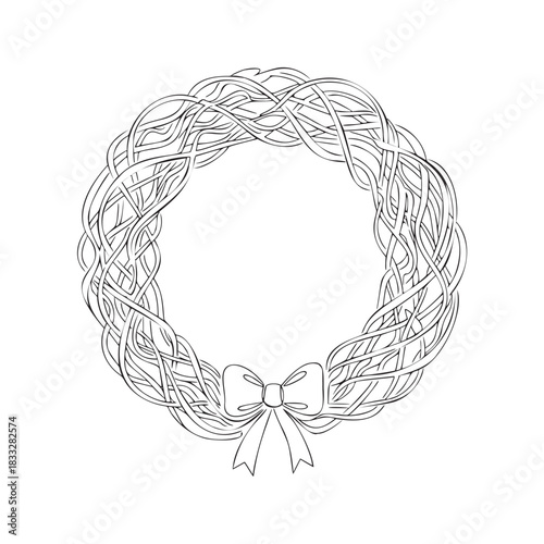 Delicate woven wreath with ribbon, perfect for holiday crafts, invitations, or elegant design projects, adding a touch of rustic charm and seasonal flair
