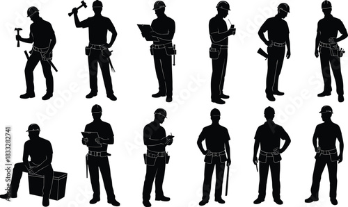 Silhouettes of male construction workers, handymen, and engineers wearing hard hats and tool belts, holding tools and clipboards, posing and standing, isolated on white, building and labor concept.