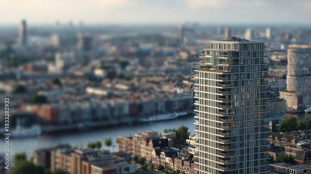 Obraz premium The tall building rises majestically over the city of Amsterdam, showcasing modern architecture and providing homes for many residents. This remarkable structure enhances the skyli