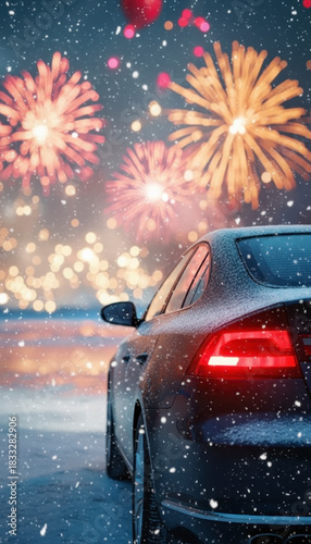 Luxury car under festive fireworks display