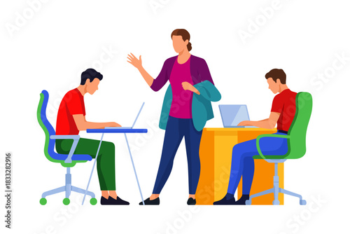 Flat 2D Vector Illustration of Office Team Collaboration, Person Discussing with Colleagues at Desk.
