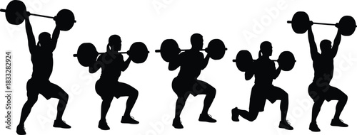 Weightlifting, fitness, silhouettes, vector, set, featuring, athletes, performing, squat, lunge, and, overhead, press, exercises, great, for, gym, workout, training, and, strong, sports, graphics.