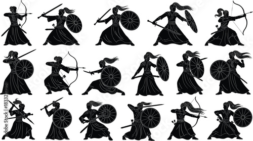 Powerful, female, warrior, silhouettes, vector, set, featuring, archer, sword, and, shield, medieval, fighters, in, dynamic, poses, great, for, fantasy, games, and, historical, themes, and, logos.