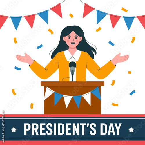 Flat Design Illustration Celebrating President's Day with Speaker at Podium and Colorful Decorations.