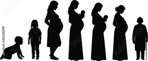 Life, cycle, of, woman, silhouettes, vector, set, illustrating, pregnancy, motherhood, holding, baby, childhood, and, elderly, age, perfect, for, generation, and, family, concepts, and, health.