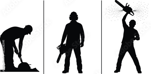 Construction, and, lumberjack, worker, silhouettes, vector, set, featuring, men, operating, a, chainsaw, wearing, ear, protection, and, using, a, concrete, cutter, for, industrial, graphics.