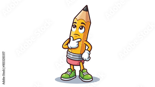 Cartoon Pencil Character Thinking Deeply.