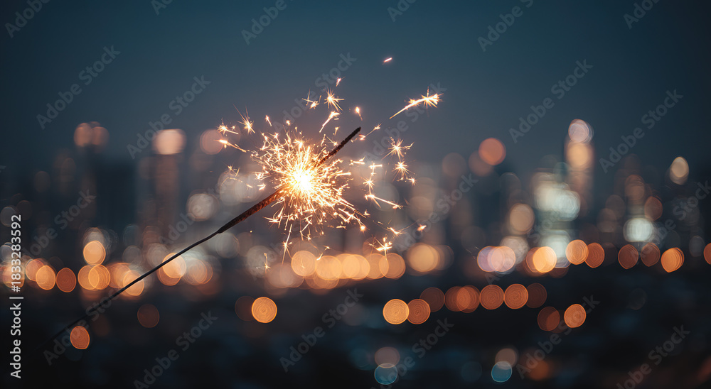 Obraz premium Sparkler burning brightly - City skyline at dusk - Celebration and festivity