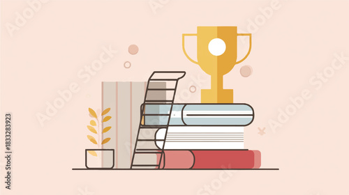 Golden trophy on stack of books with ladder to success illustration