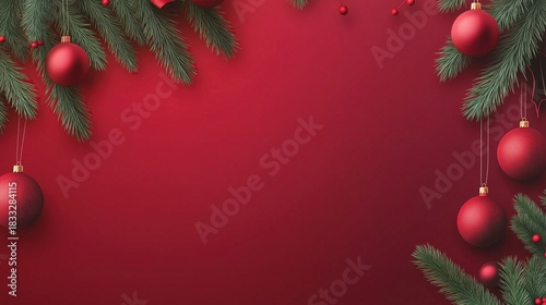 Red Christmas background with red ornaments and fir branches on edges, banner template for web advertising of holiday products or social media post.