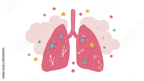 Illustration of human lungs with stars and clouds on a white background