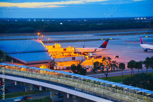 Tampa, FL USA - 03 16 2022: Night landscape of Tampa international TPA airport in Florida, USA	
