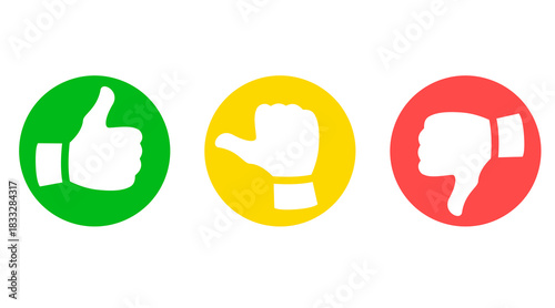 Like, dislike and neutral thumb icons set. Green thumbs up, yellow neutral thumb, and red thumbs down symbols. Feedback and rating vector illustration with positive, neutral and negative reactions.