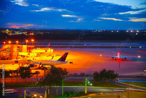 Tampa, FL USA - 03 16 2022: Night landscape of Tampa international TPA airport in Florida, USA	
