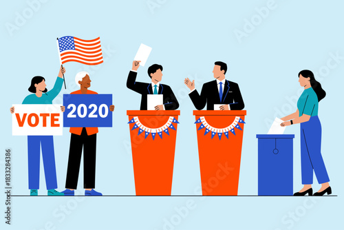 Flat Design Illustration of U.S. Election 2020 with Voters, Debaters, and Ballot Box.