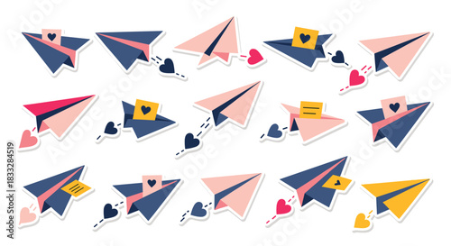 Various paper airplanes in flight carrying love letters and leaving heart trails, isolated as a romantic sticker collection.