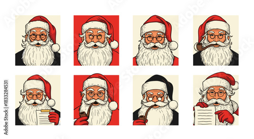 Vintage portrait collection of Santa Claus with different expressions, smoking a pipe, and reading a list for Christmas.