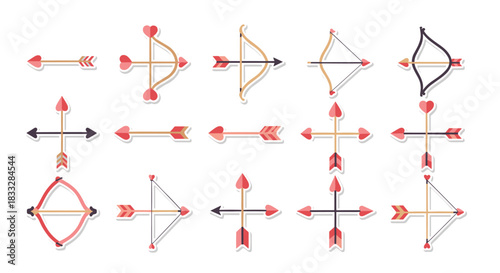 Collection of romantic bows and arrows with heart-shaped arrowheads, designed as a sticker set for Valentine's Day themes.