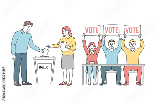 Flat Design Illustration of Voting Process with People Holding Vote Signs and Ballot Box.