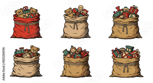 Vintage, hand-drawn illustrations of Santa's sack filled with various toys like teddy bears, dolls, and trains for Christmas.