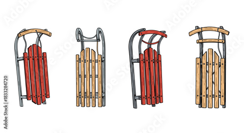 Set of classic wooden and metal sleds in various angles, illustrated in a vintage, hand-drawn style for winter themes.