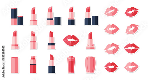 Cosmetic sticker collection featuring various shades of pink and red lipsticks and glossy lip prints for beauty and fashion.