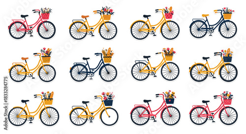 Charming collection of colorful city bicycles with baskets full of flowers and bread, perfect for romantic or spring themes.