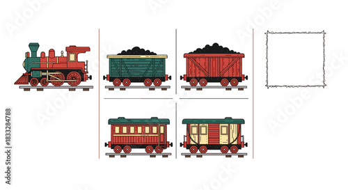 Vintage toy train set with a steam locomotive, coal car, and passenger carriages, plus a decorative frame element.