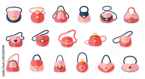 Cute sticker collection of various pink and blue women's handbags and purses, many decorated with heart-shaped clasps.