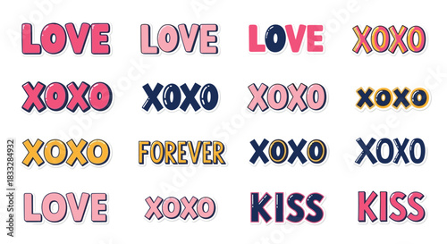 Valentine's Day sticker set featuring romantic words like 'love,' 'xoxo,' 'kiss,' and 'forever' in colorful, playful typography.