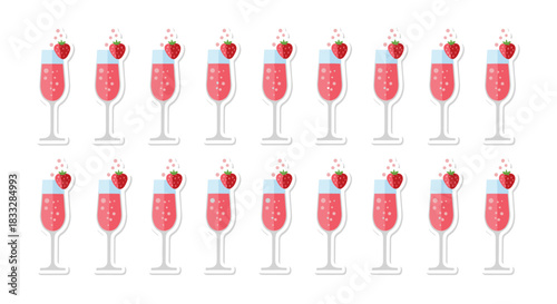 Repeating pattern of champagne flutes filled with pink sparkling wine and garnished with a strawberry for celebrations.
