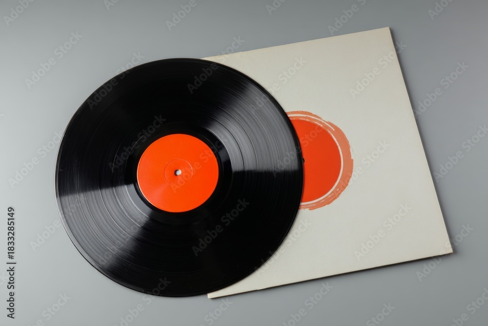 Fototapeta premium Isolated Vinyl Record on White Background with Plain Sleeve Displaying Minimalist Design and Bright Center Label